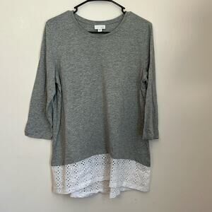 J. Jill Gray Tunic 3/4 Sleeve Top with White Eyelet Hem